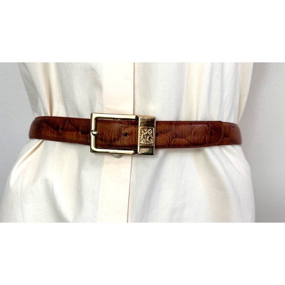 Anne Klein Oroton Leather Crocodile Belt Gold Tone Buckle Brown Size Medium VGUC - Picture 1 of 7